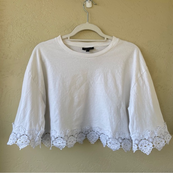TOPSHOP White Boxy Lace Trim Mid sleeve crop Top Size 10 - Picture 2 of 8